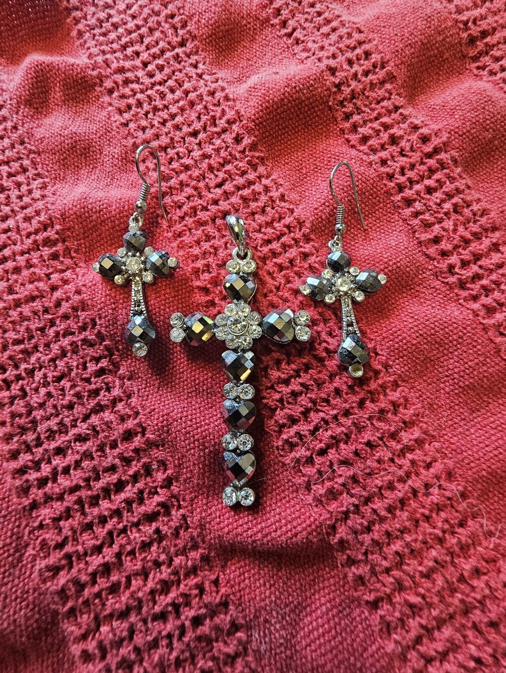 Cross Pendant With Gray And White Stones